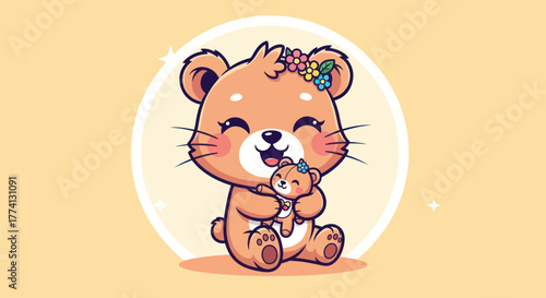 Cartoon bear with a floral crown holding a smaller bear vector illustration