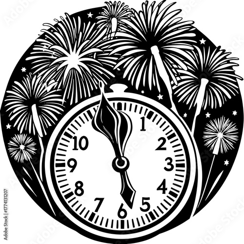 A black and white illustration of a clock striking midnight surrounded by fireworks, symbolizing the celebration of new years eve and the anticipation of a fresh start