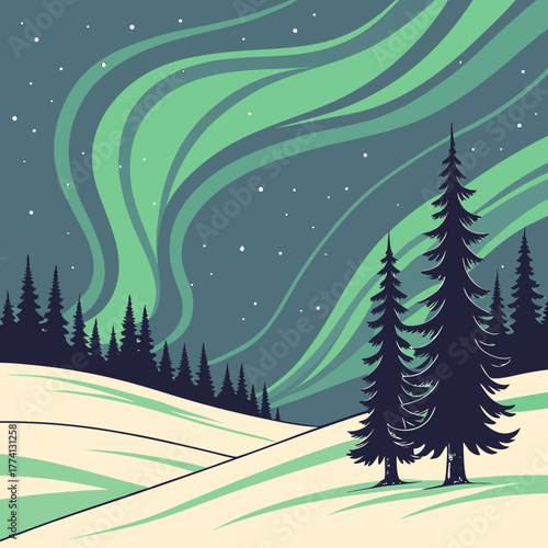 A captivating winter scene showcases the ethereal beauty of the aurora borealis illuminating the night sky above a snowcovered landscape dotted with majestic pine trees