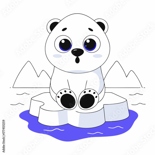 A cartoon polar bear cub sitting on an iceberg with a surprised expression, set against a backdrop of snowy mountains the scene is charming
