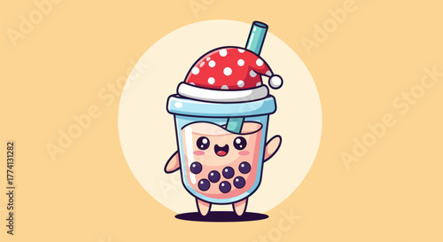 Cartoon bubble tea with holiday hat illustration for design elements