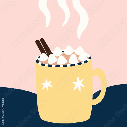 A cozy cup of hot chocolate with marshmallows and cinnamon sticks, steaming against a pink backdrop, evokes warmth and comfort on a chilly day, perfect for winter relaxation and indulgence