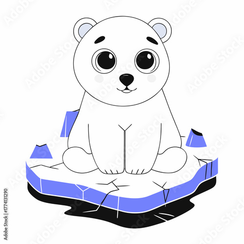 A cute polar bear cub sits on a melting iceberg, , representing the effects of climate change on arctic habitats and wildlife
