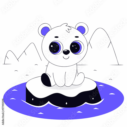 A cute polar bear cub sits on a melting iceberg with mountains in the background, , symbolizing the impact of climate change on arctic wildlife