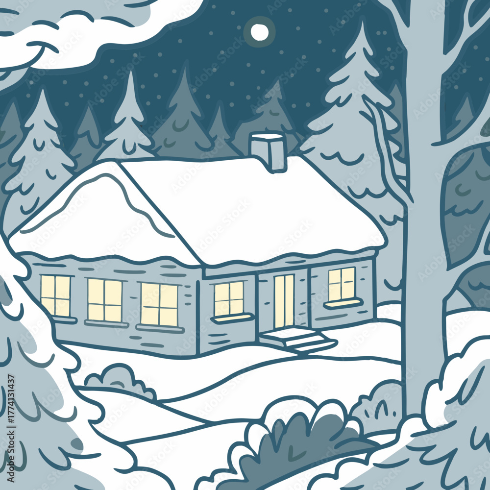 Fototapeta premium A snowcovered house stands amidst a winter wonderland, surrounded by evergreen trees and a blanket of fresh snow, with light emanating from the windows, creating a warm and inviting scene