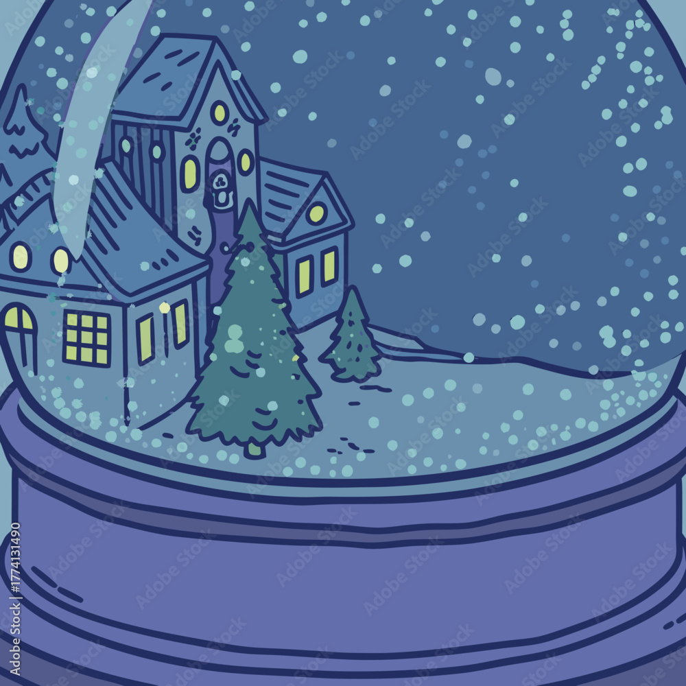 Fototapeta premium A whimsical snow globe illustration showcases a charming village scene with cozy houses and snowcovered trees, creating a magical winter wonderland atmosphere