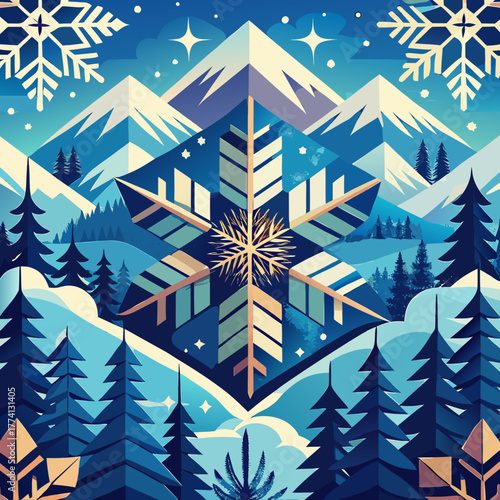 A serene winter landscape unfolds with stylized evergreen trees, snowcapped mountains, and a central geometric snowflake, creating a peaceful and enchanting seasonal scene