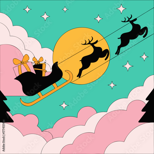 A silhouette of santas sleigh and reindeer soars across a starry, moonlit sky, framed by stylized clouds and pine trees, capturing the magic of christmas night with gifts