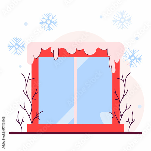 A snowcovered window, framed in red, offers a glimpse of a winter scene, complete with falling snowflakes and bare branches, evoking a sense of cold and stillness