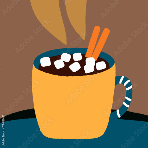 A steaming mug of hot chocolate with marshmallows and cinnamon sticks sits on a blue surface against a brown backdrop, evoking warmth and comfort on a cold winter day, perfect for relaxation