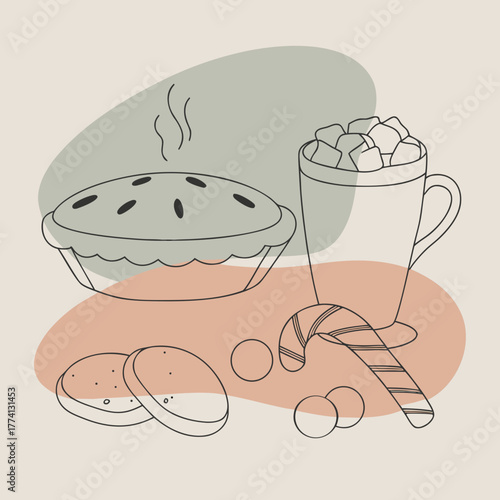 A tempting array of sweet treats, including a steaming pie, a mug filled with marshmallows, a candy cane, and cookies, all rendered in a charming and whimsical line art style