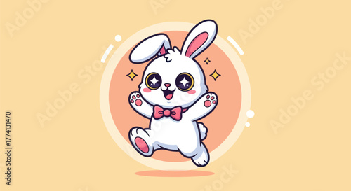 Cartoon bunny illustration with pink bowtie and sparkling eyes on light background