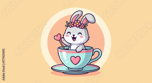 Cartoon bunny in a teacup with floral crown and heart wand illustration