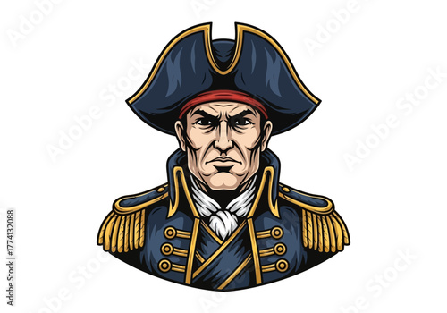 Stern-faced historical captain illustration in navy uniform and tricorn hat