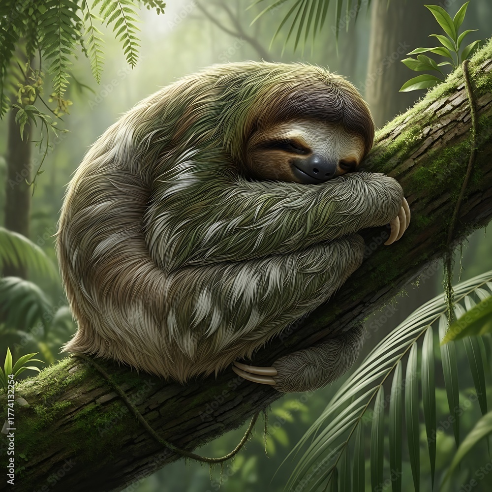 Naklejka premium Adorable Sloth Sleeping Peacefully on a Tree Branch in a Lush Green Jungle.