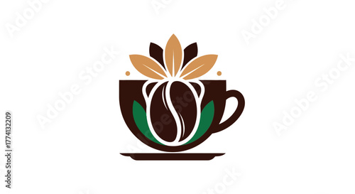 Stylized coffee cup logo with a large central bean and decorative green and brown leaves.