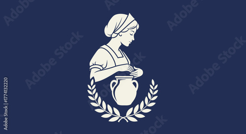 Elegant Woman Shaping Pottery, Surrounded by Laurel Wreath, Silhouette Style