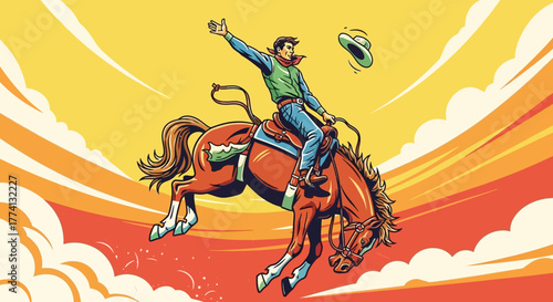 Dynamic cowboy in blue jeans and green vest riding a bucking brown horse, hat flying, vibrant illustration.