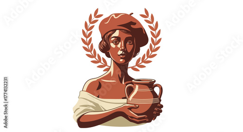 Artistic Woman with Beret and Clay Pot, Laurel Wreath