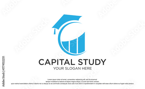 Blue graduation cap and bar chart combine to represent capital study and financial education on white backdrop, symbolizing knowledge and growth.