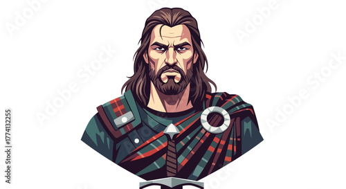 Stern Scottish Warrior with Plaid Shawl and Sword Hilt Detail