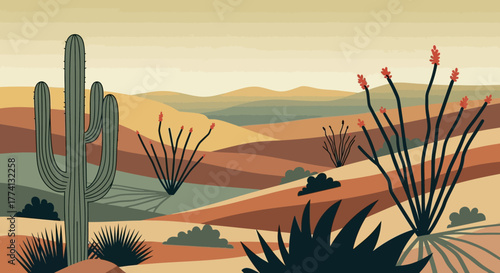 Vibrant stylized desert landscape illustration with saguaro cactus, ocotillo, and arid plants amidst warm, earthy rolling hills.