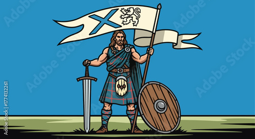 Scottish Warrior with Sword, Shield, and Flag with Lion Rampant