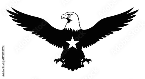Bold black and white graphic of a majestic eagle with powerful spread wings, fierce expression, and a prominent white star emblem on its chest.