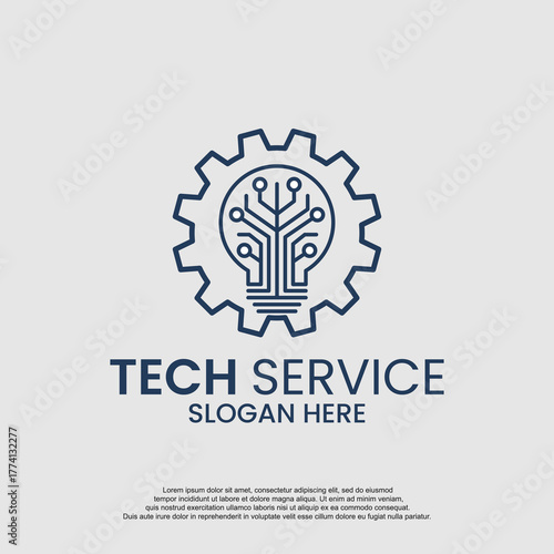 Abstract lightbulb with circuit board pattern rests inside gear, symbolizing innovative tech solutions and reliable service in modern technology industry.