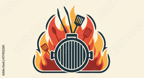 Stylized Barbecue Grill with Utensils and Flames Illustration