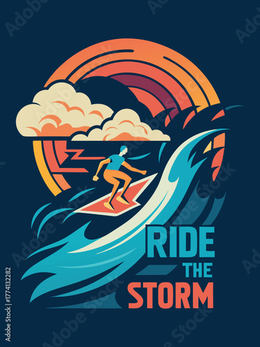 Surfing Storm Wave Riding Surfer Ocean Sunset