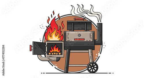 Illustration of a Smoker Grill with Flames and Smoke