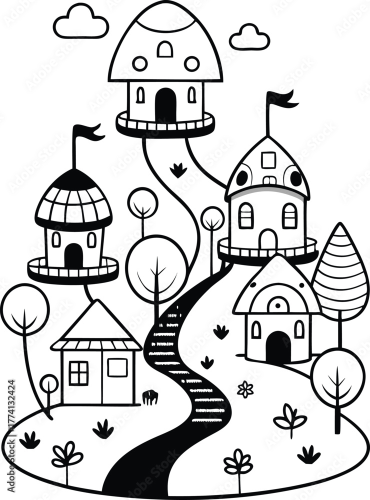 Fototapeta premium Fantasy Castle Hill with Houses and Trees Black and White Illustration