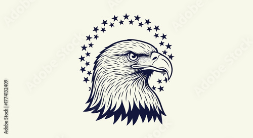 Engraved Style Illustration of a Fierce Eagle Head Surrounded by a Halo of Stars