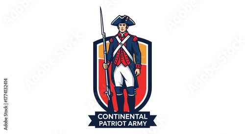Continental Patriot Army Soldier Holding Musket in Uniform, Emblem Design