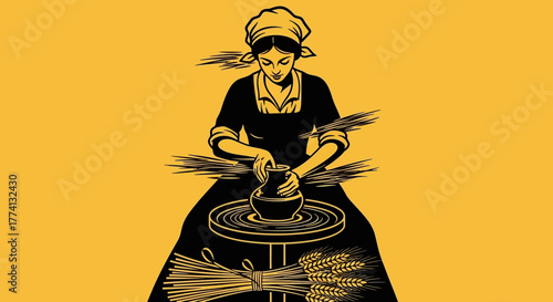 Woman Potter Crafting Clay Vessel on Wheel with Wheat Stalks