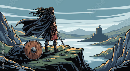 Brave Scottish Warrior with Sword and Shield Standing on Cliff Edge
