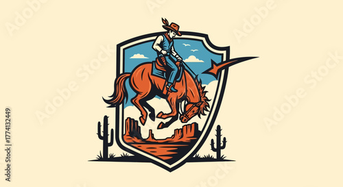 Cowboy Riding Bucking Horse in Desert Landscape Shield Emblem