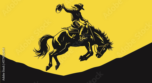 Silhouette of a Cowboy Riding a Bucking Horse, Holding Hat High