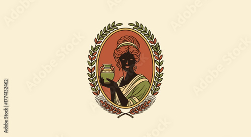 Ancient Greek Woman Holding Ceramic Amphora in Laurel Wreath Emblem