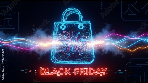Futuristic visualization of high-speed data flow and digital commerce activities for Black Friday and Cyber Monday sales. Concept for retail technology, fast online shopping, network connection