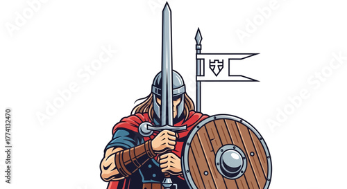 Cartoon Viking Warrior Holding Sword and Shield, Ready for Battle