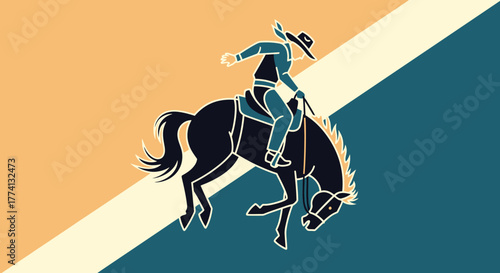 Stylized cowboy in hat and vest riding a dark bucking horse, dynamic vector illustration with bold outlines.