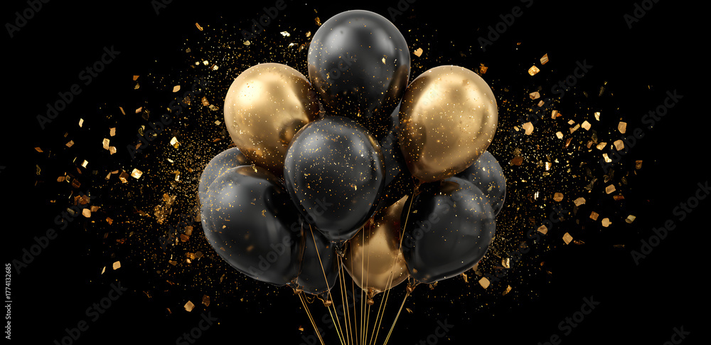 Naklejka premium Black background design with dark shiny balloons bunch and glitter gold confetti. Vector illustration.