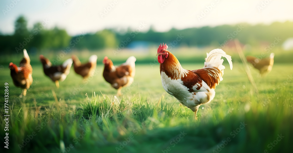 Fototapeta premium Des poules d'élevage en plein air se promenant dans une herbe verte luxuriante avec un arrière-plan flou avec faible profondeur de champ.