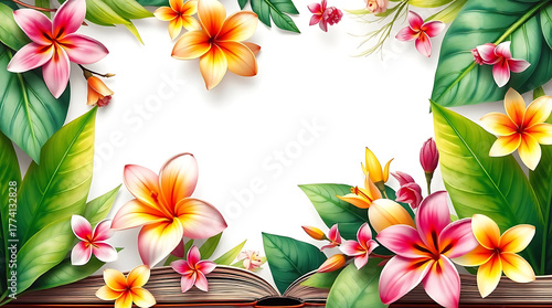 A vibrant frame of tropical flowers and lush greenery, perfect for adding a touch of paradise to your designs, isolated on white background ideal for invitations, cards, and more