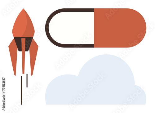 Rocket taking off, large capsule, and simple cloud design. Ideal for innovation, technology, healthcare, aspiration, growth creativity futuristic concepts. Modern and simple flat metaphor