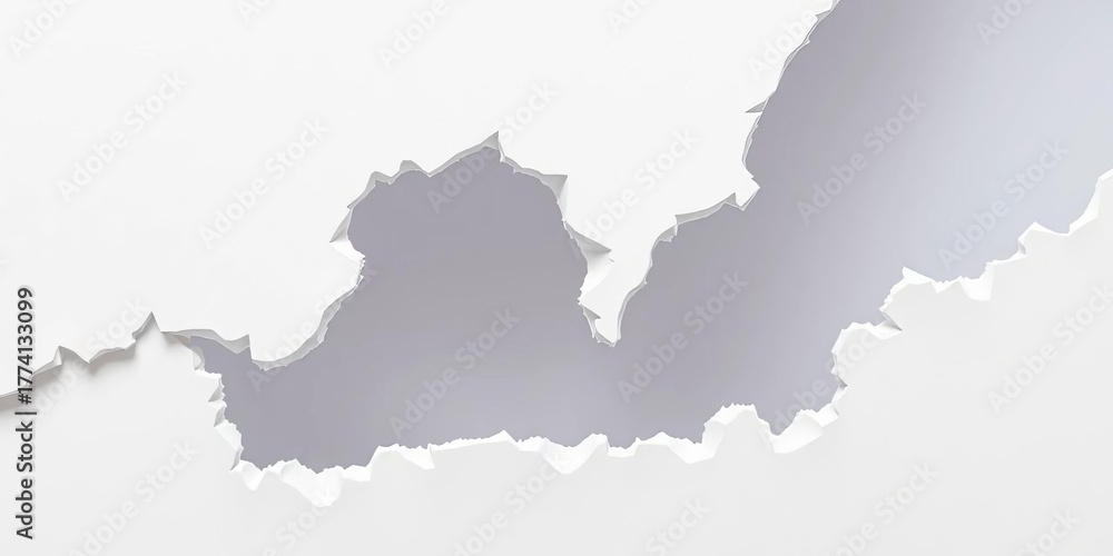 Fototapeta premium Jagged edges of a white paper fragment, showing fiber texture, white background, rough