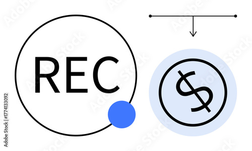 REC text in a circle linked to a dollar sign within a blue circle by a downward arrow. Ideal for finance, recording, payment processing, accounting, transactions, money management, simple flat