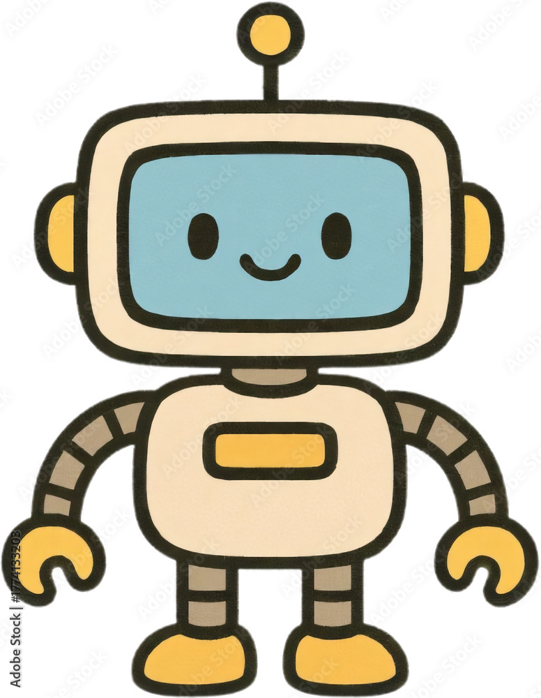 Naklejka premium A stylized robot vector drawn in black and white, with strong black outlines emphasizing its head, limbs, and body panels in a clean, tech inspired style. Cute smiling robot avatar icon.Generative AI